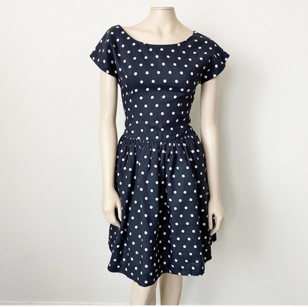 Anthropologie Dots Navy Polka Dot vintage pinup Dresse linen with pockets